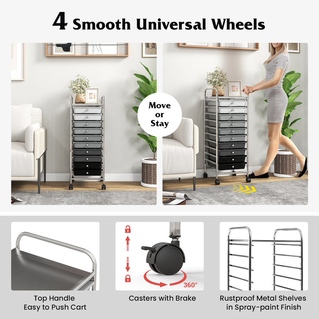 10 Drawer Rolling Storage Cart Organizer with 4 Universal Casters