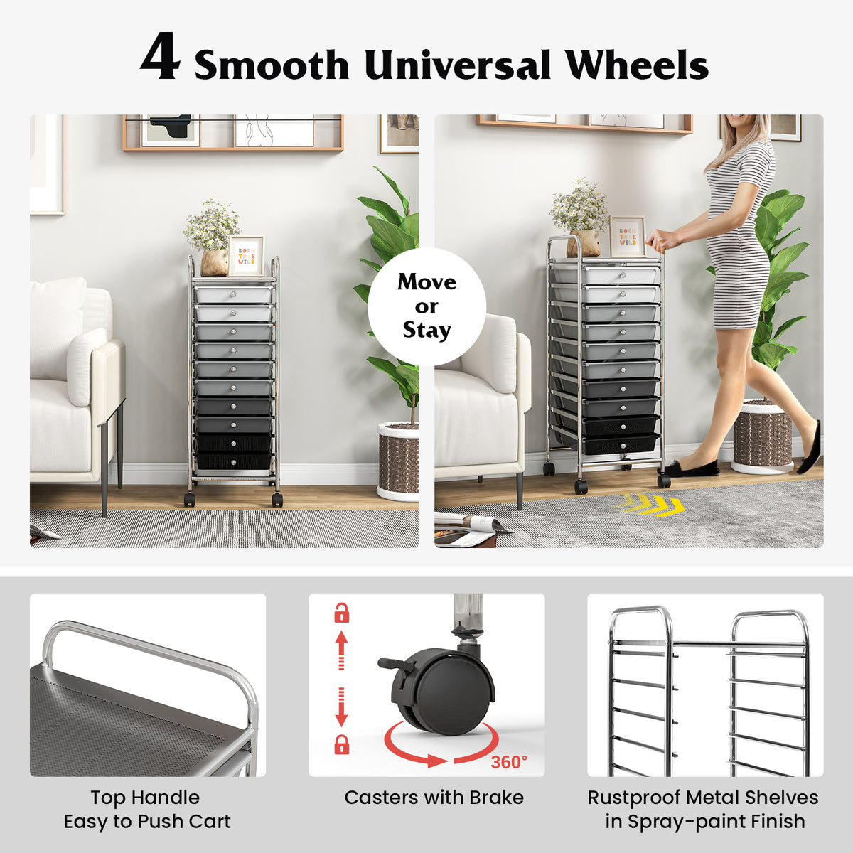 10 Drawer Rolling Storage Cart Organizer with 4 Universal Casters