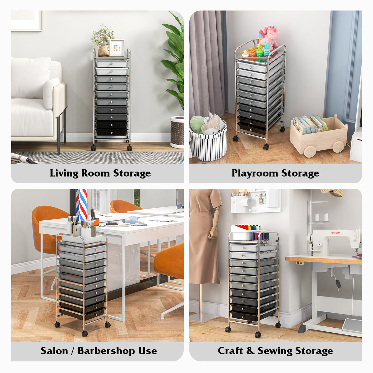 10 Drawer Rolling Storage Cart Organizer with 4 Universal Casters