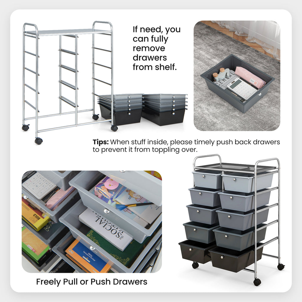 10-Drawer Rolling Storage Cart - Gray