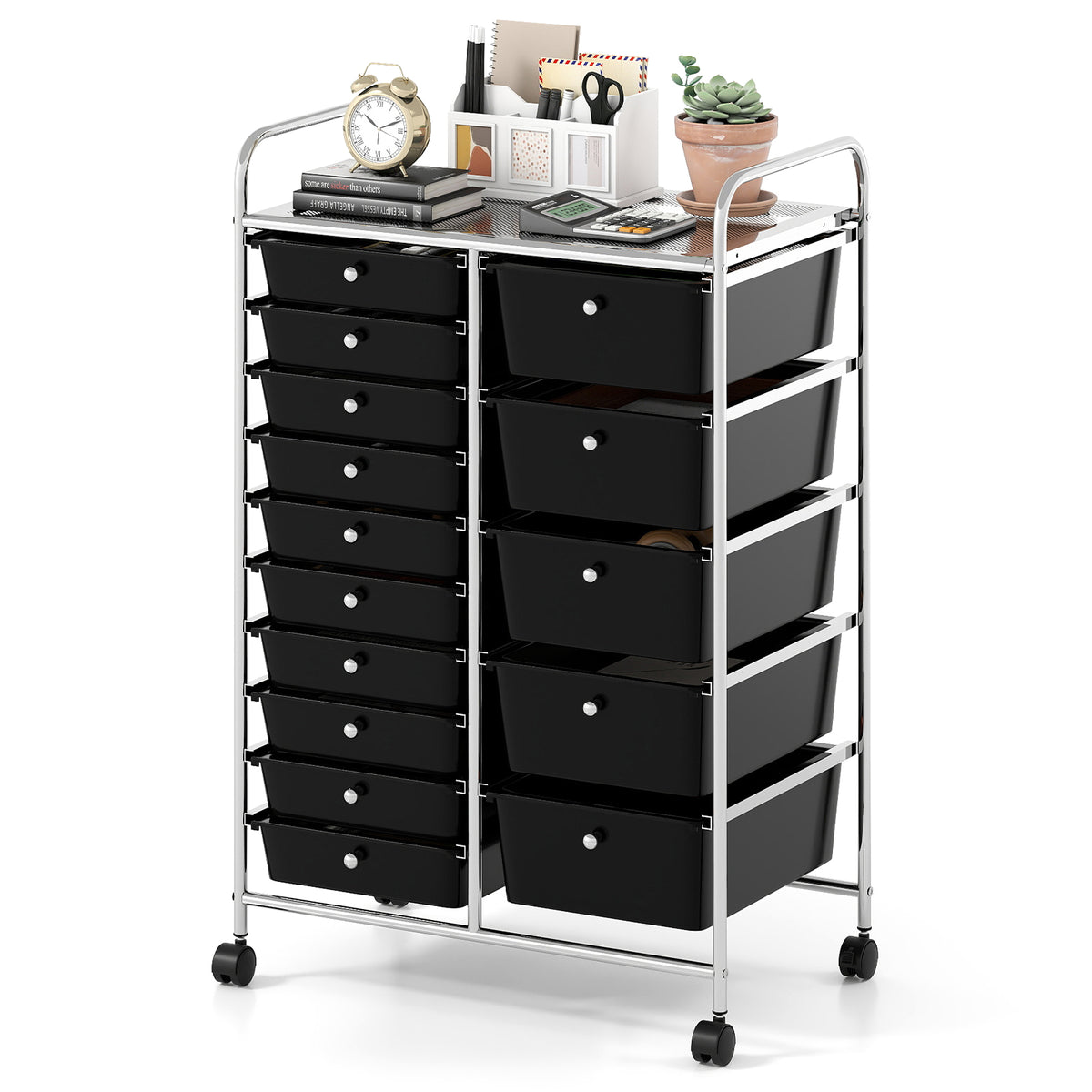 15-Drawer Rolling Storage Cart - Metal Frame, Black