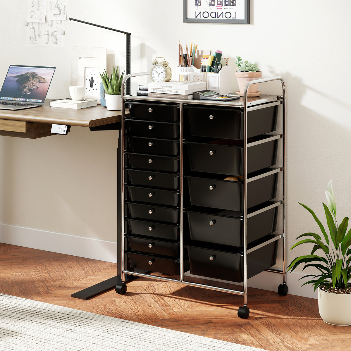 15-Drawer Rolling Storage Cart - Metal Frame, Black