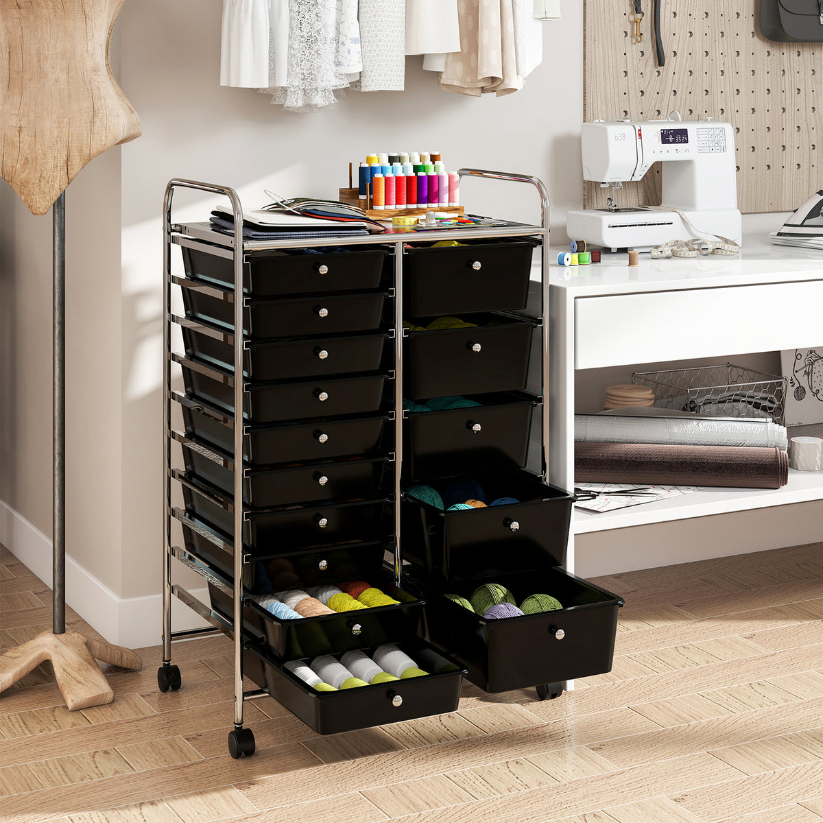 15-Drawer Rolling Storage Cart - Metal Frame, Black