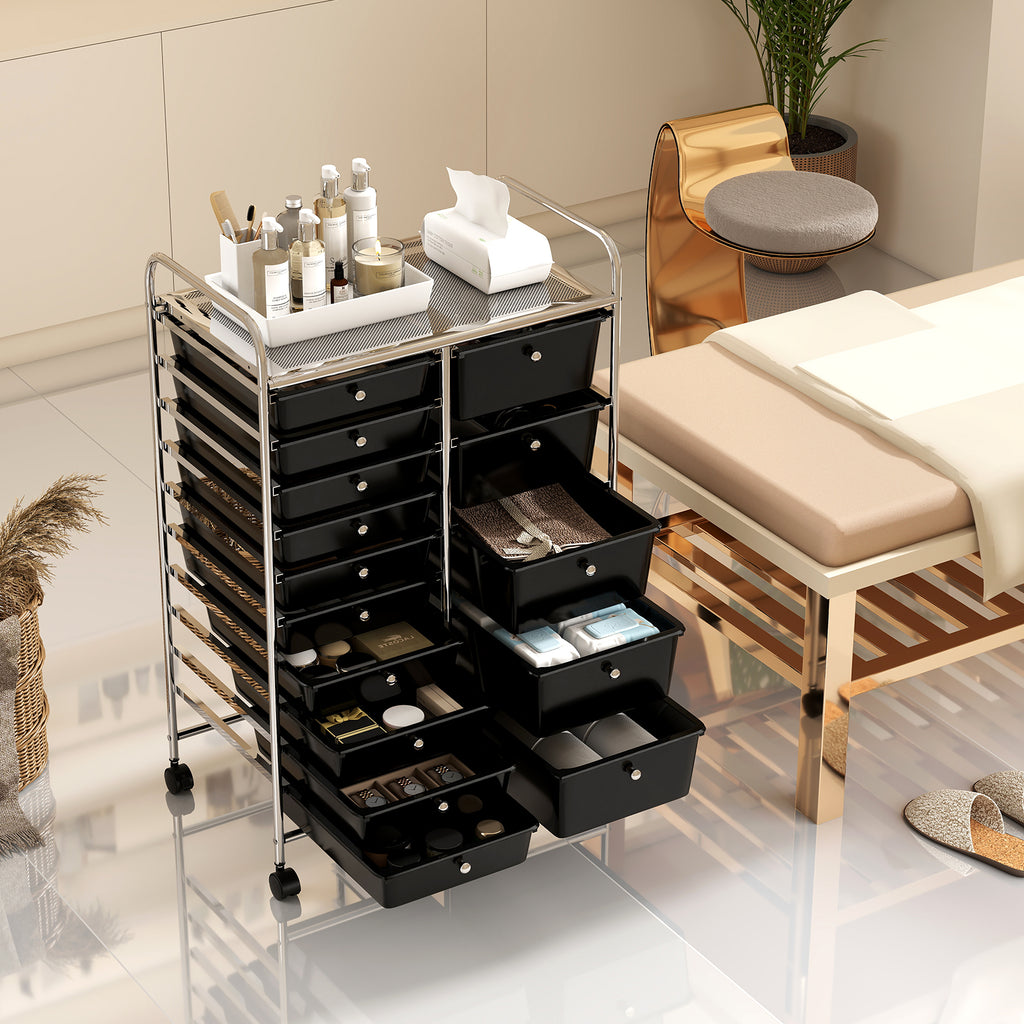 15-Drawer Rolling Storage Cart - Metal Frame, Black