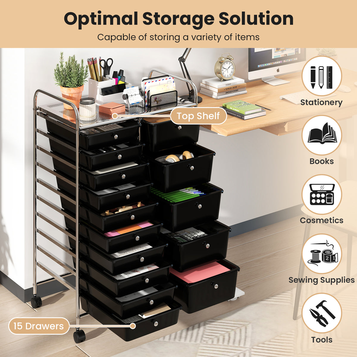 15-Drawer Rolling Storage Cart - Metal Frame, Black