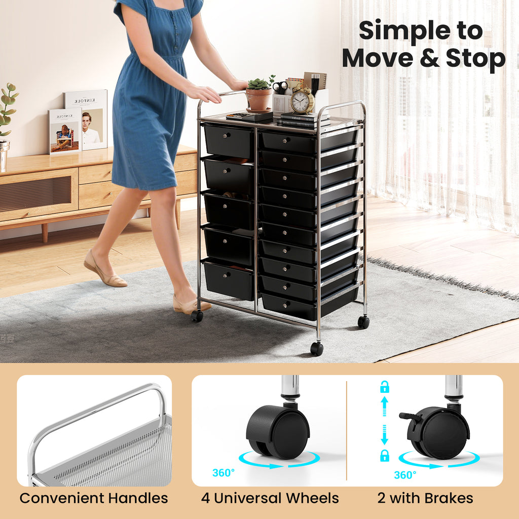 15-Drawer Rolling Storage Cart - Metal Frame, Black