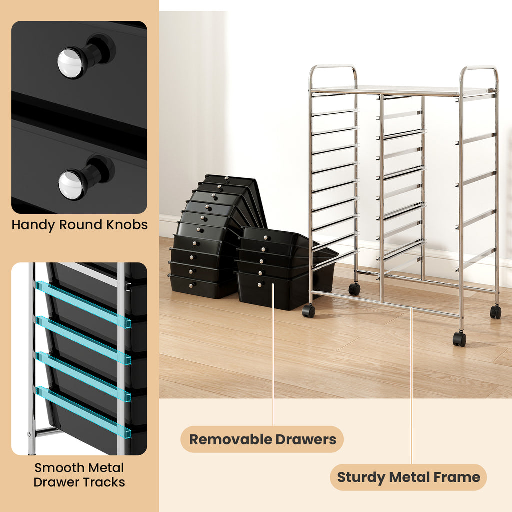 15-Drawer Rolling Storage Cart - Metal Frame, Black