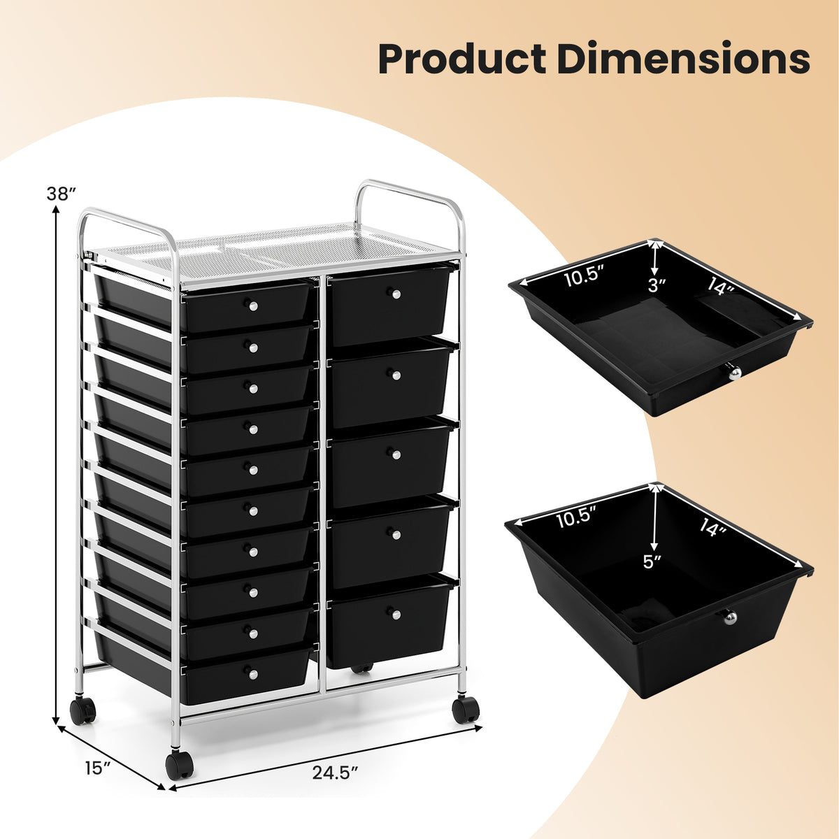 15-Drawer Rolling Storage Cart - Metal Frame, Black