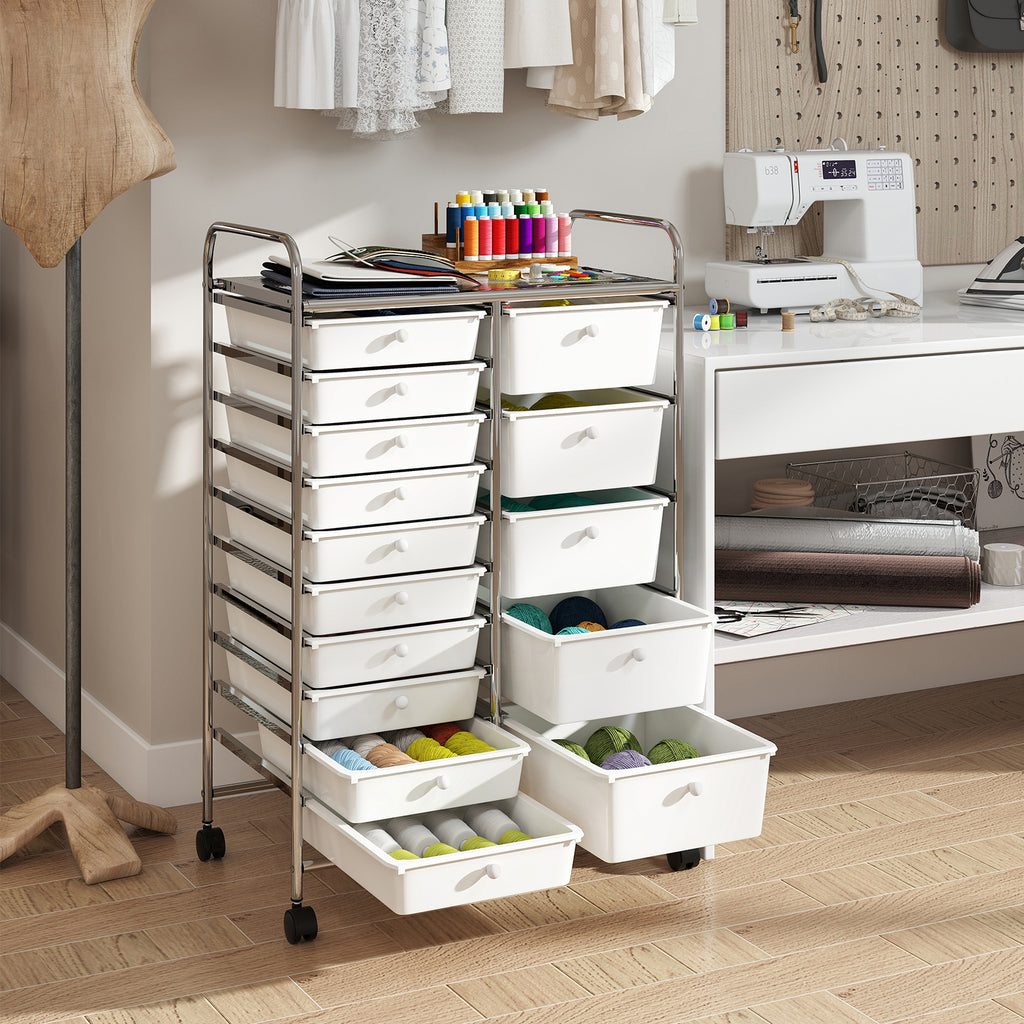 15-Drawer Rolling Storage Cart with Metal Frame - White