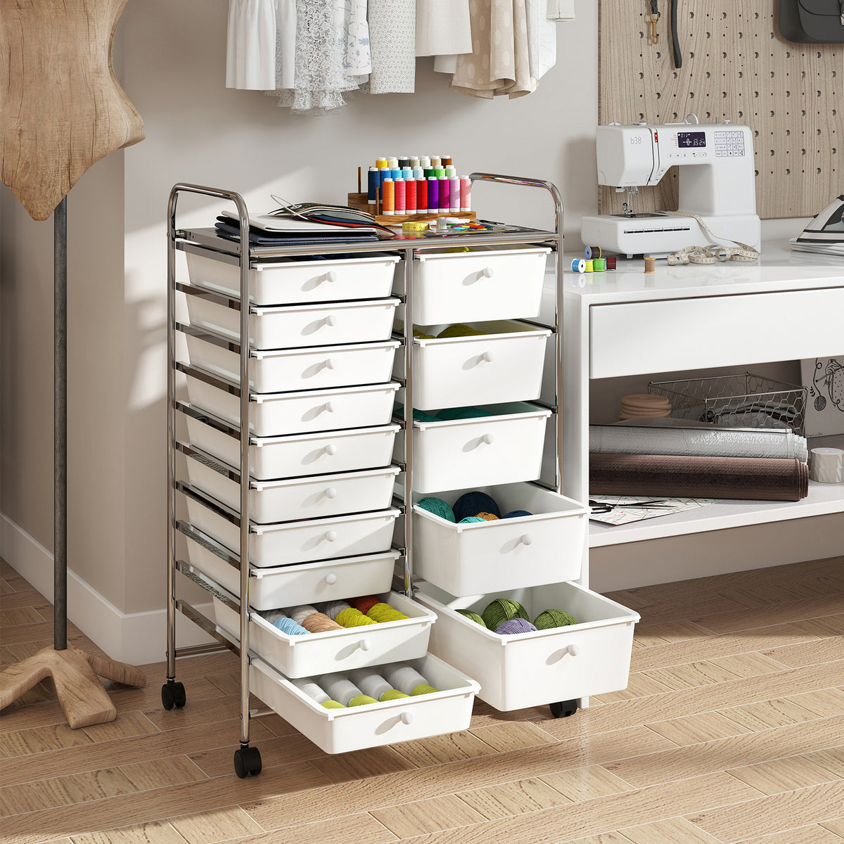 15-Drawer Rolling Storage Cart with Metal Frame - White