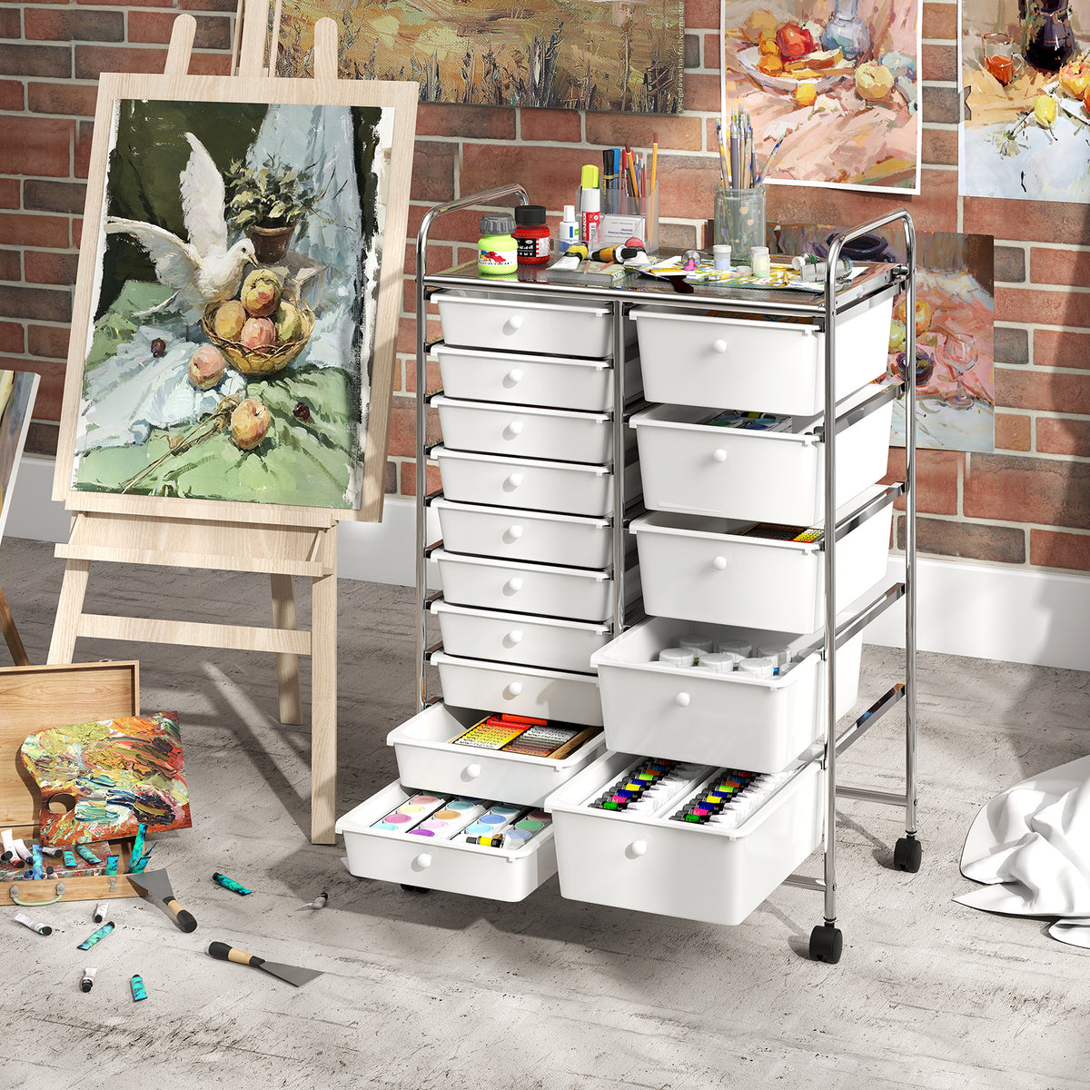 15-Drawer Rolling Storage Cart with Metal Frame - White