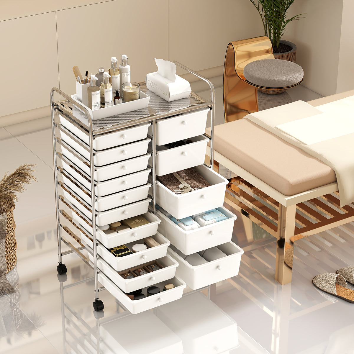 15-Drawer Rolling Storage Cart with Metal Frame - White
