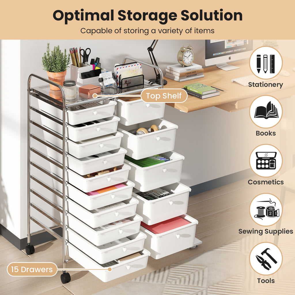 15-Drawer Rolling Storage Cart with Metal Frame - White