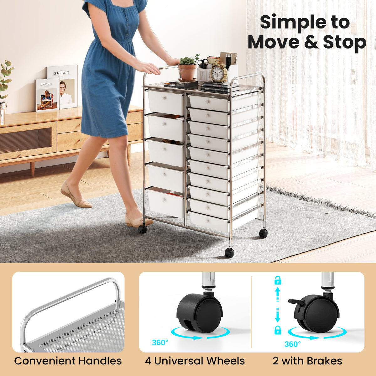 15-Drawer Rolling Storage Cart with Metal Frame - White