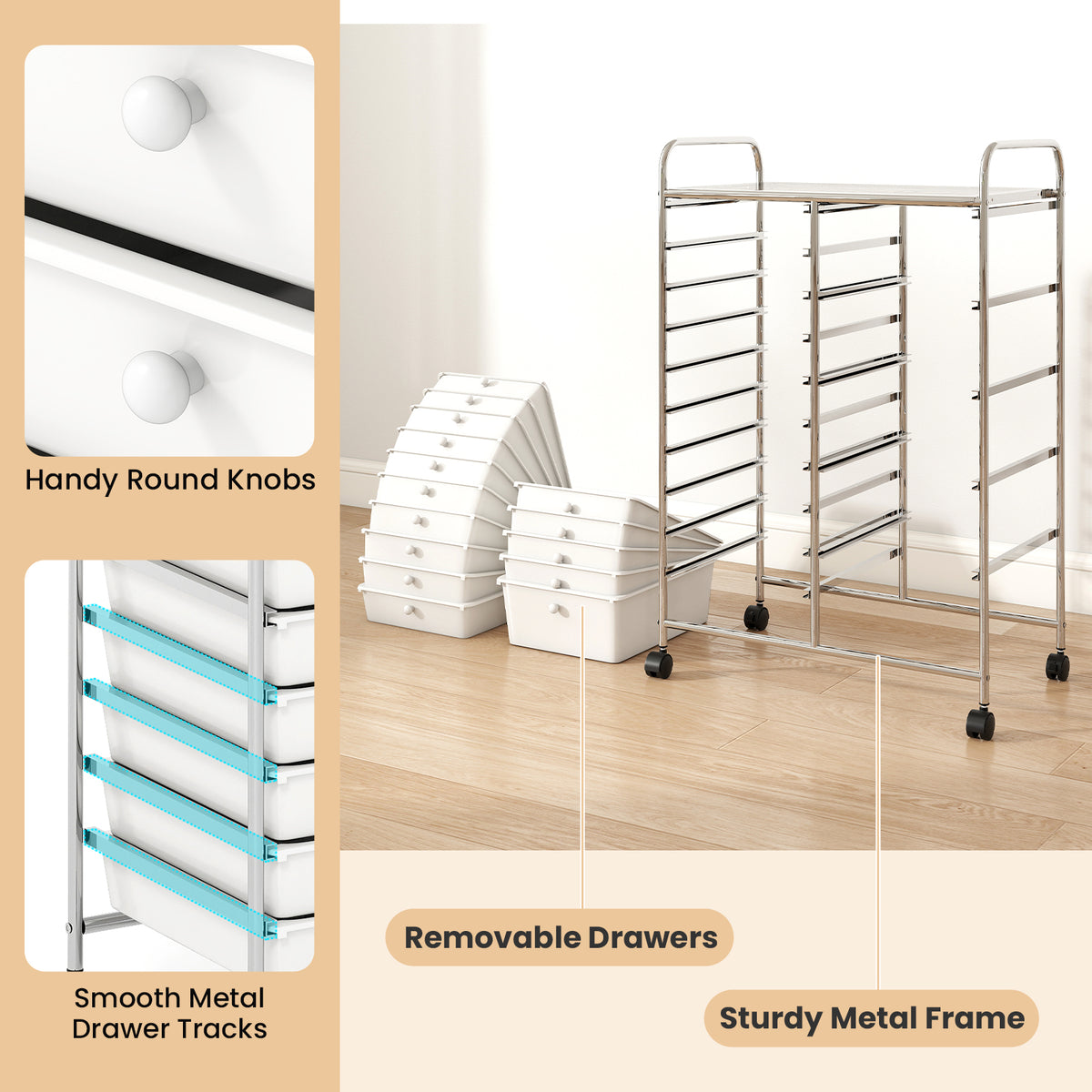 15-Drawer Rolling Storage Cart with Metal Frame - White