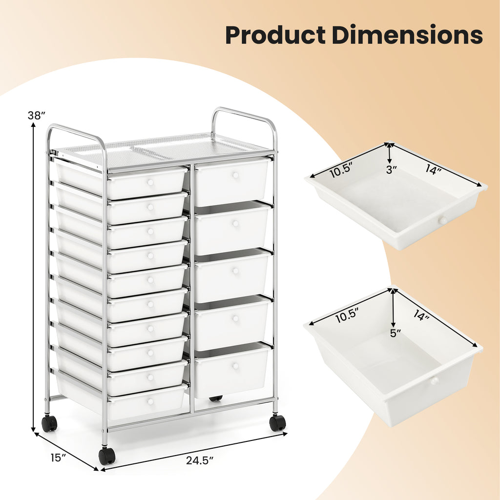 15-Drawer Rolling Storage Cart with Metal Frame - White