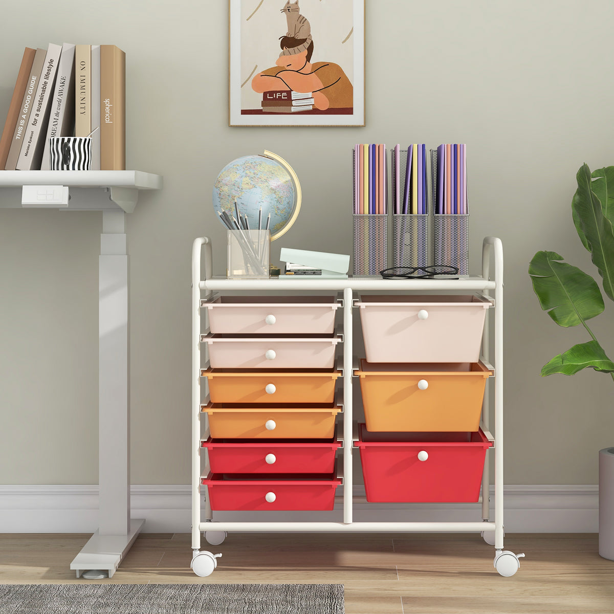 9-Drawer Rolling Storage Cart with Colorful Drawers and Metal Frame