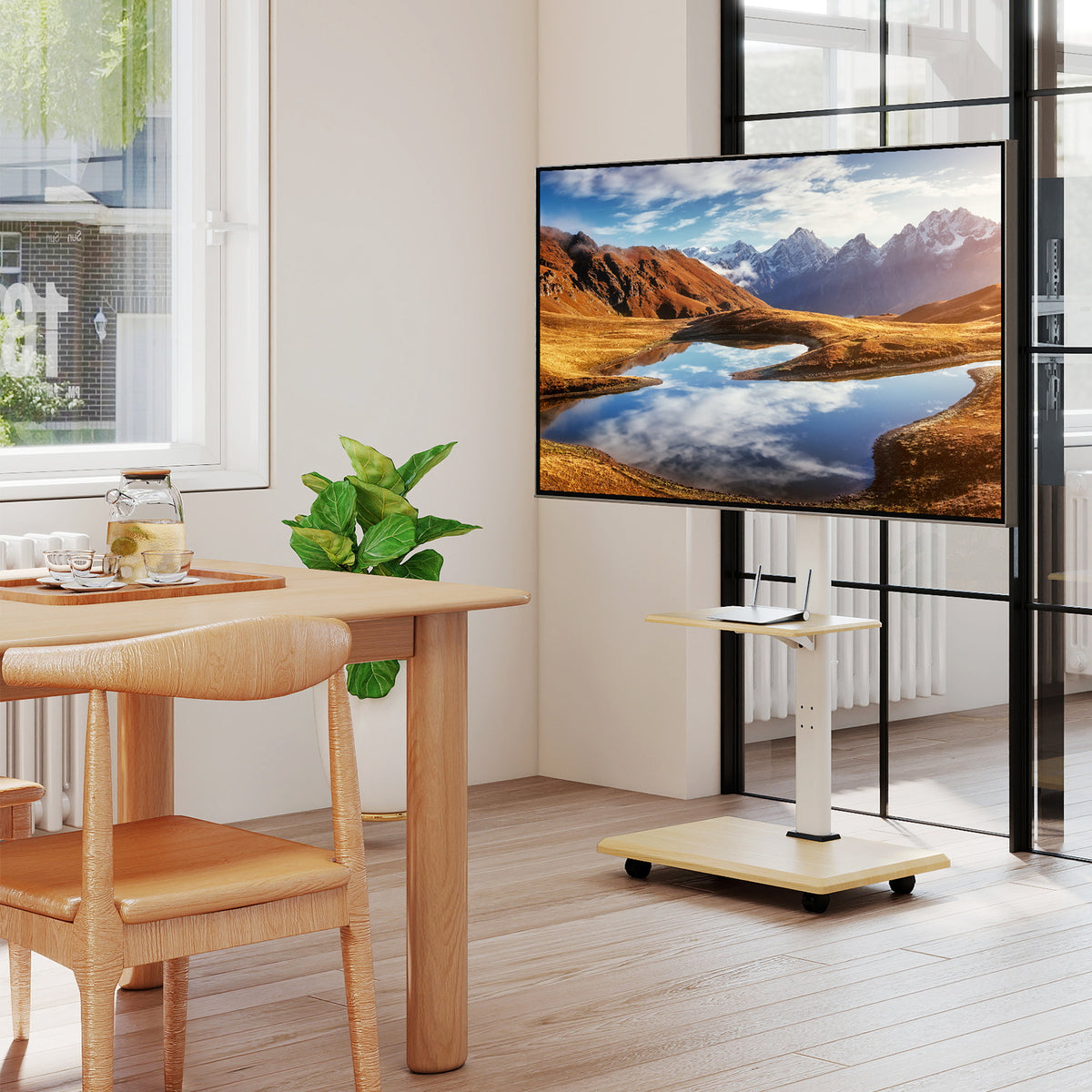 Rolling TV Stand for 32-75 Inch TVs with Lockable Wheels - Natural