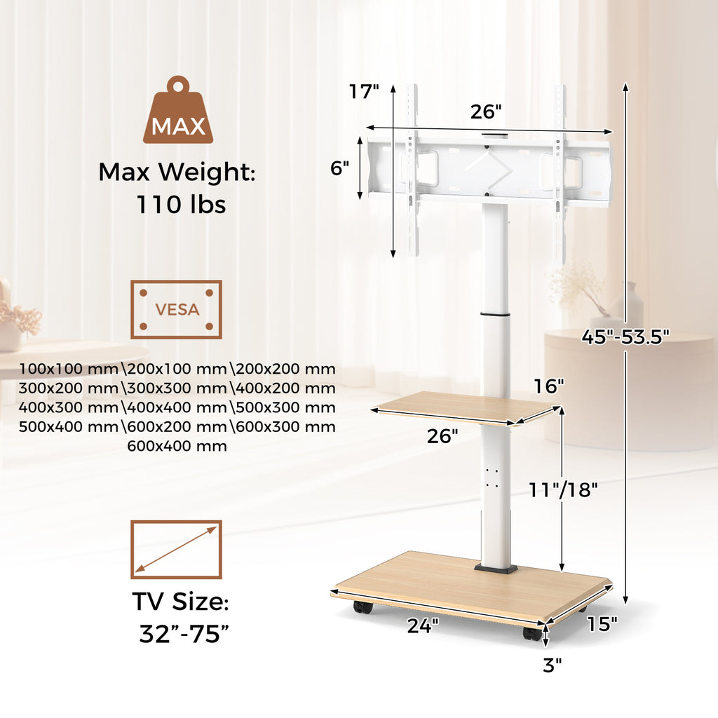 Rolling TV Stand for 32-75 Inch TVs with Lockable Wheels - Natural