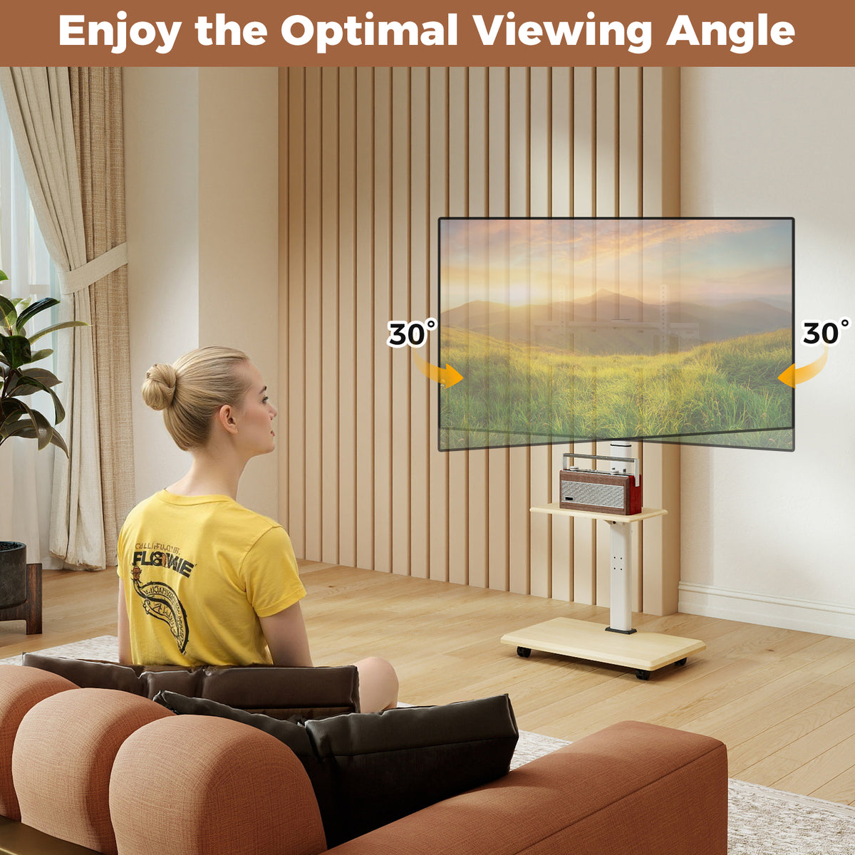 Rolling TV Stand for 32-75 Inch TVs with Lockable Wheels - Natural