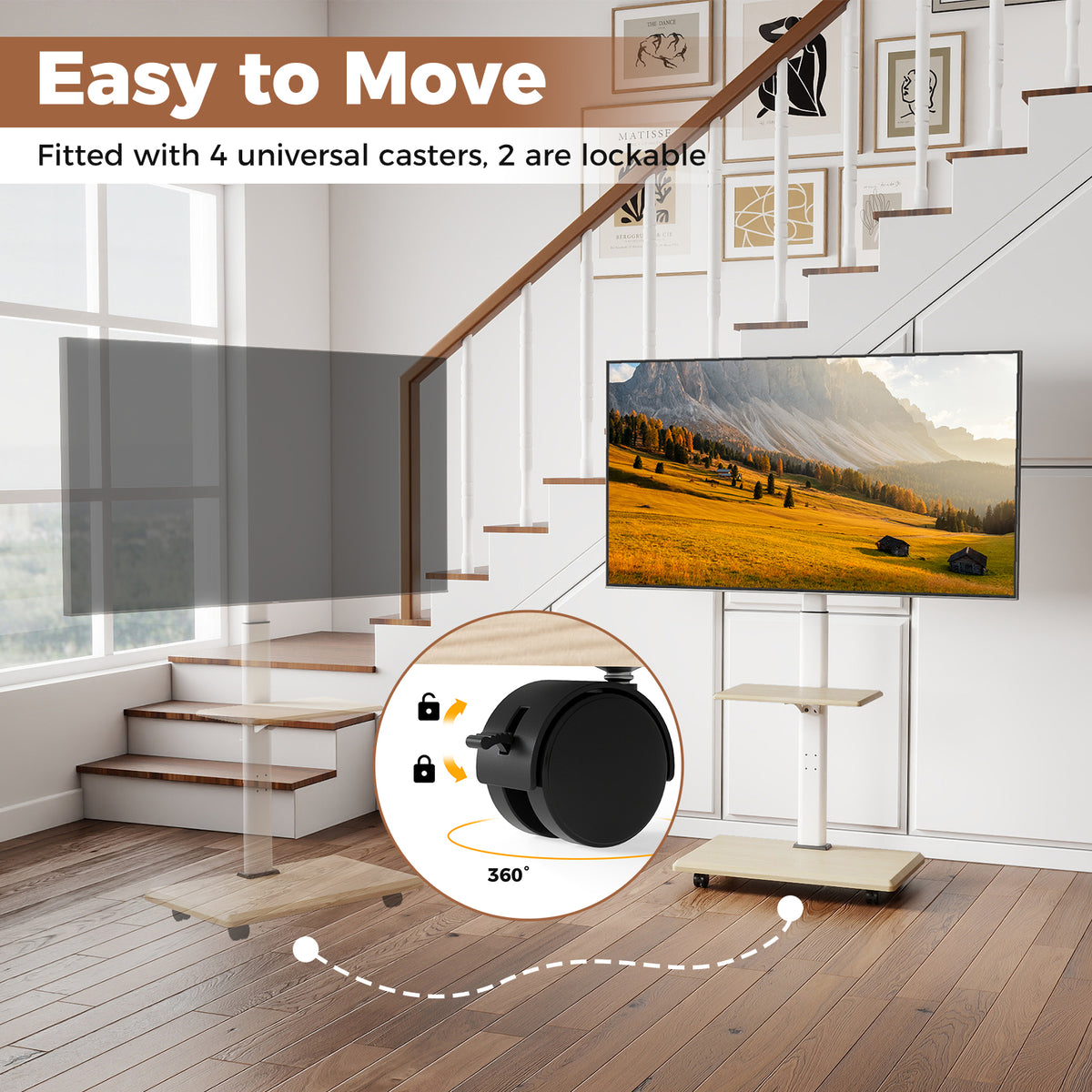 Rolling TV Stand for 32-75 Inch TVs with Lockable Wheels - Natural
