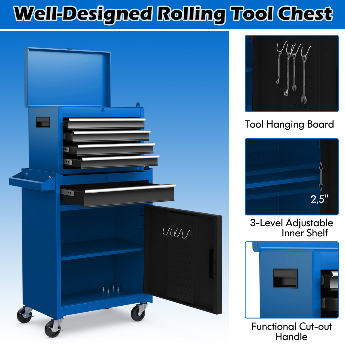 2-in-1 Rolling Tool Chest with 5 Drawers - Navy