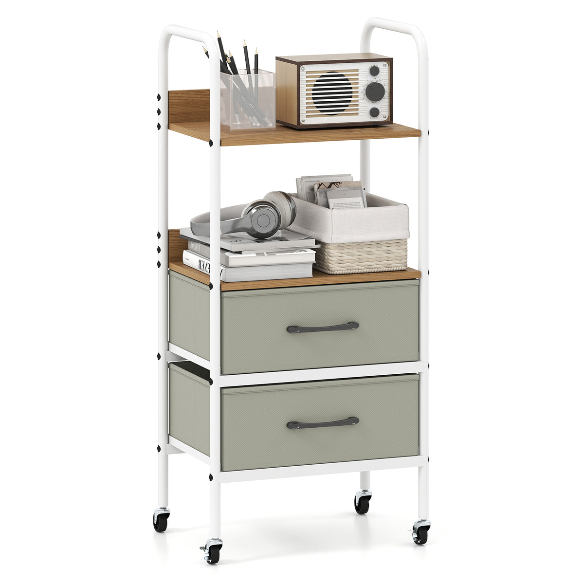 Rolling Utility Storage Cart with 2 Open Shelves and Fabric Drawers