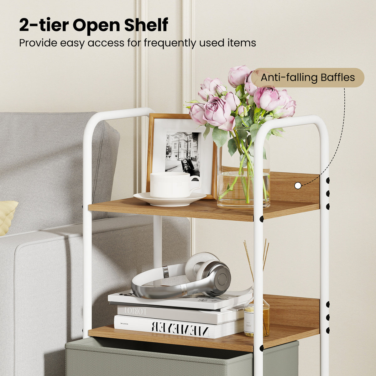 Rolling Utility Storage Cart with 2 Open Shelves and Fabric Drawers
