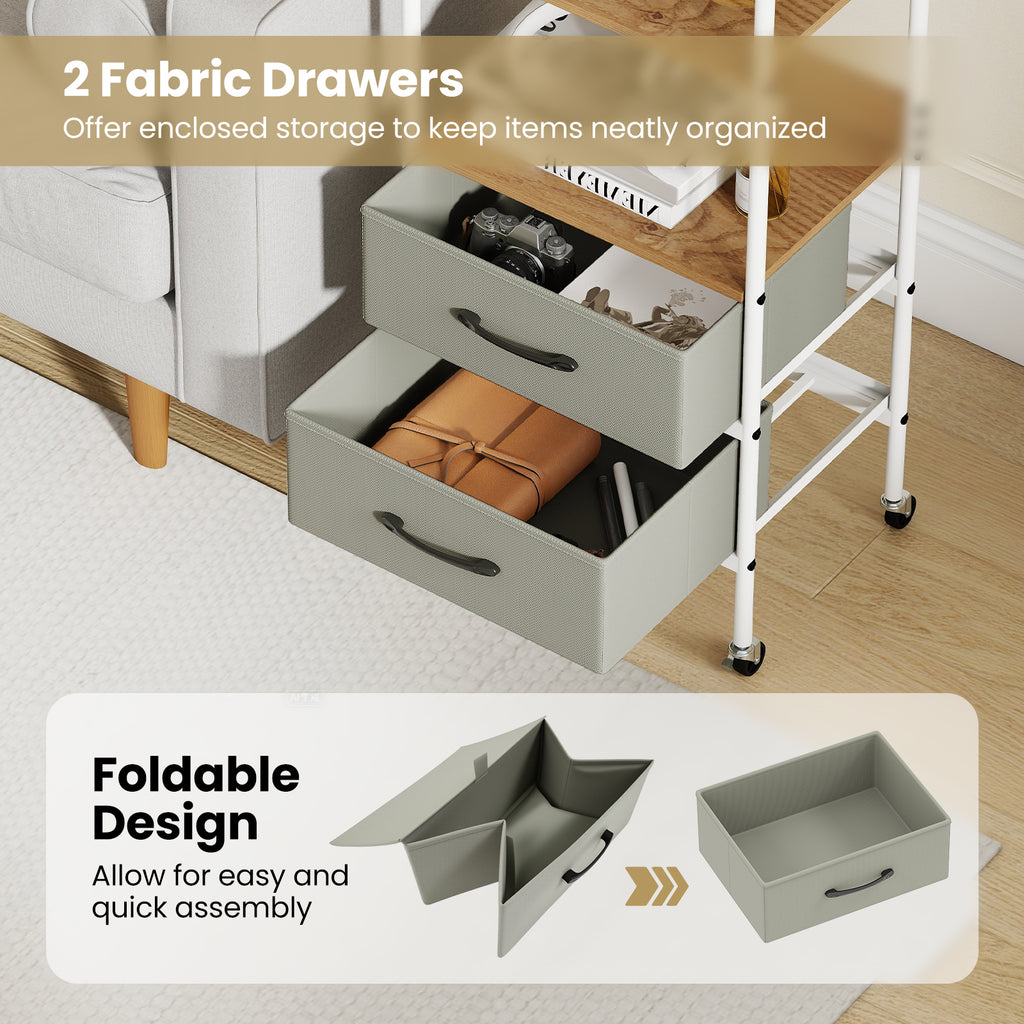 Rolling Utility Storage Cart with 2 Open Shelves and Fabric Drawers
