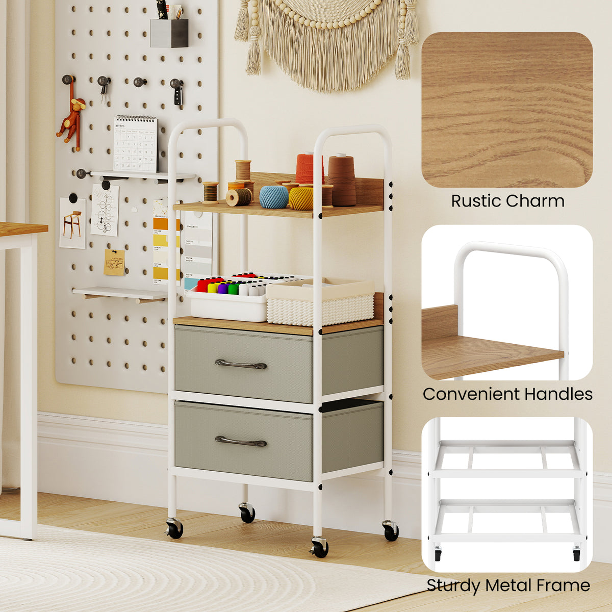 Rolling Utility Storage Cart with 2 Open Shelves and Fabric Drawers