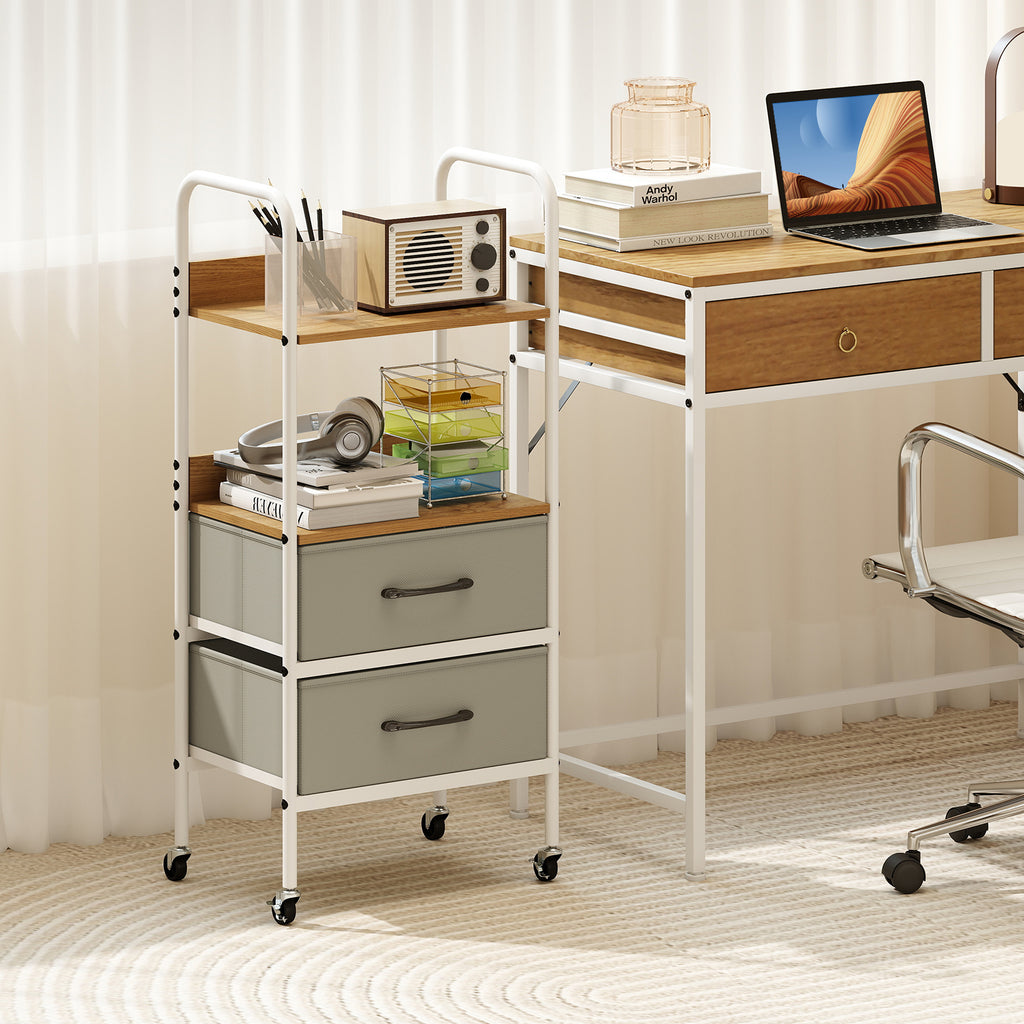 Rolling Utility Storage Cart with 2 Open Shelves and Fabric Drawers