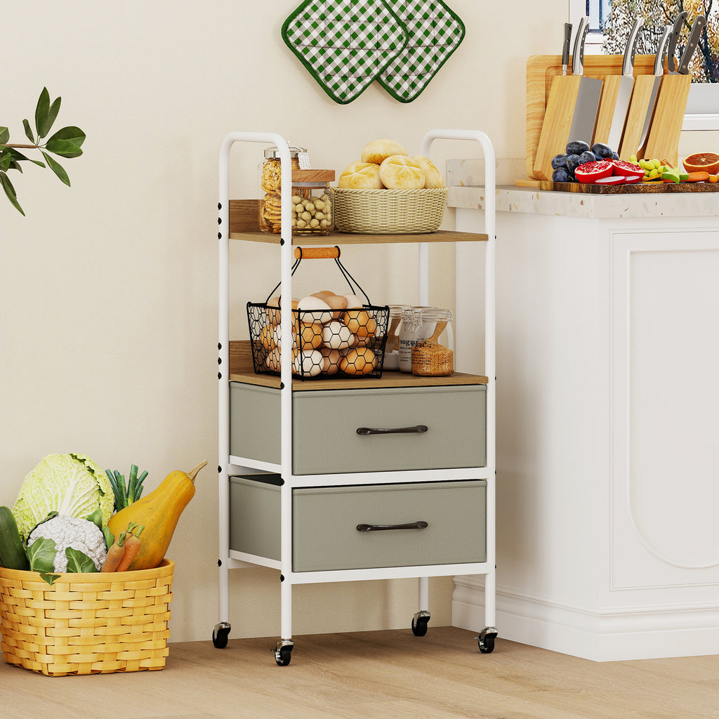 Rolling Utility Storage Cart with 2 Open Shelves and Fabric Drawers