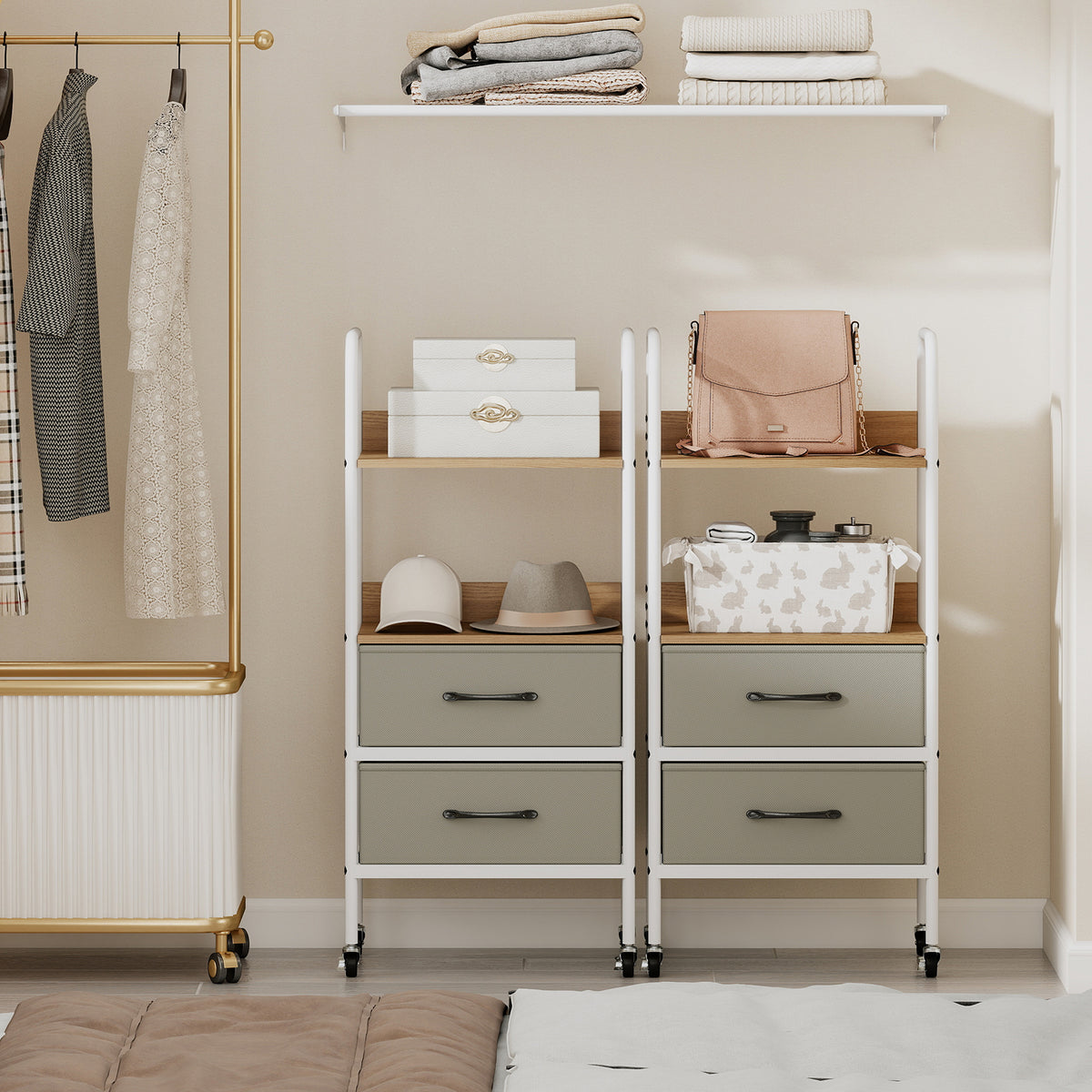 Rolling Utility Storage Cart with 2 Open Shelves and Fabric Drawers