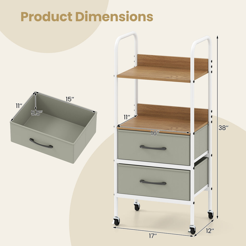 Rolling Utility Storage Cart with 2 Open Shelves and Fabric Drawers