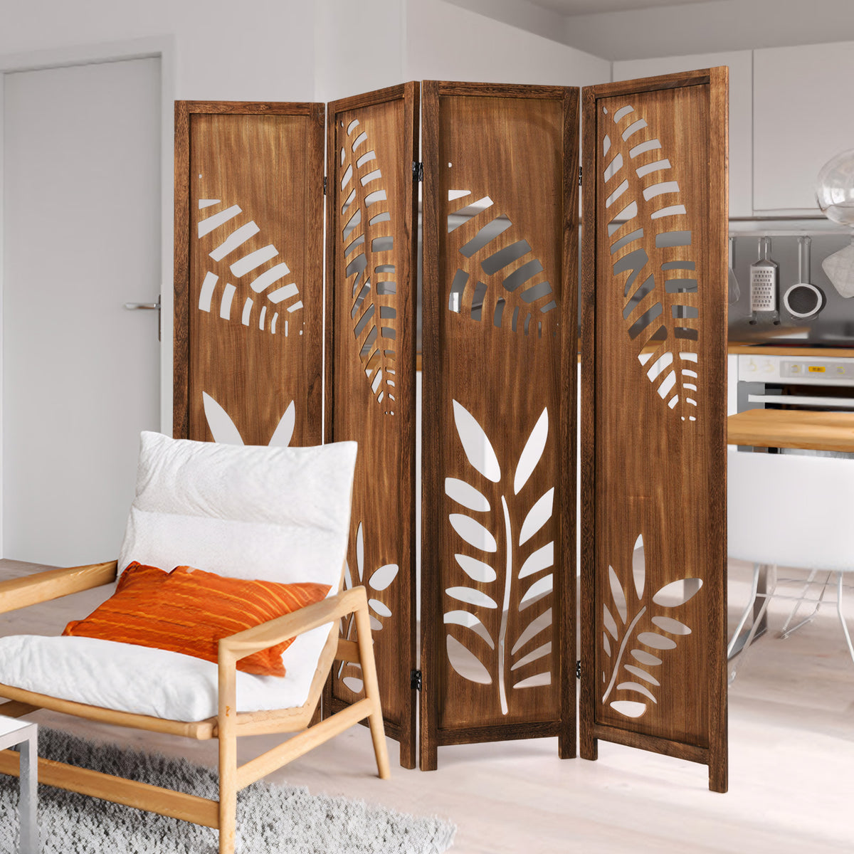 4 Panel Folding Room Divider 5.6 FT with Double Action Metal Hinges - Boho Style