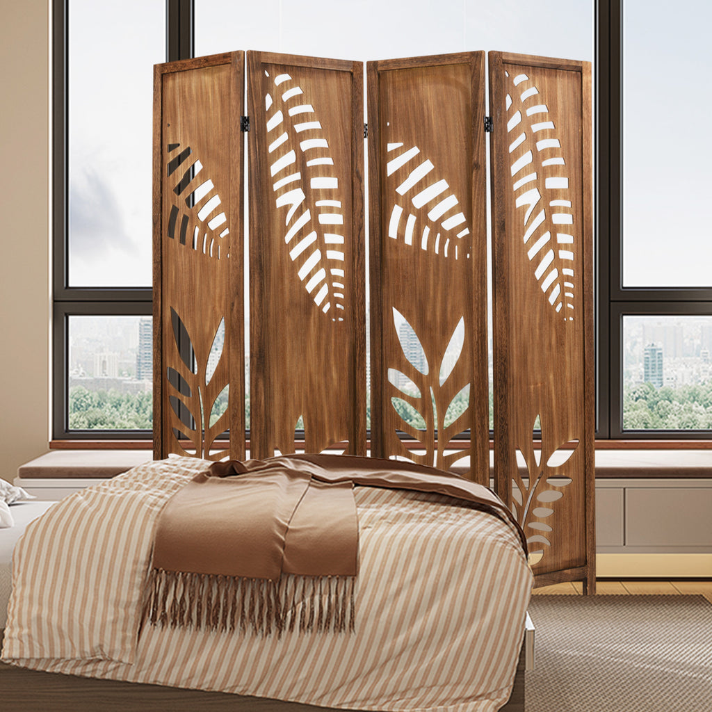 4 Panel Folding Room Divider 5.6 FT with Double Action Metal Hinges - Boho Style