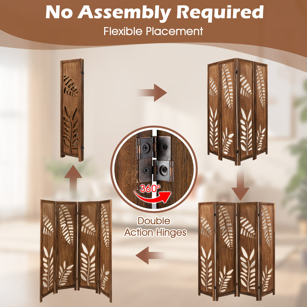 4 Panel Folding Room Divider 5.6 FT with Double Action Metal Hinges - Boho Style