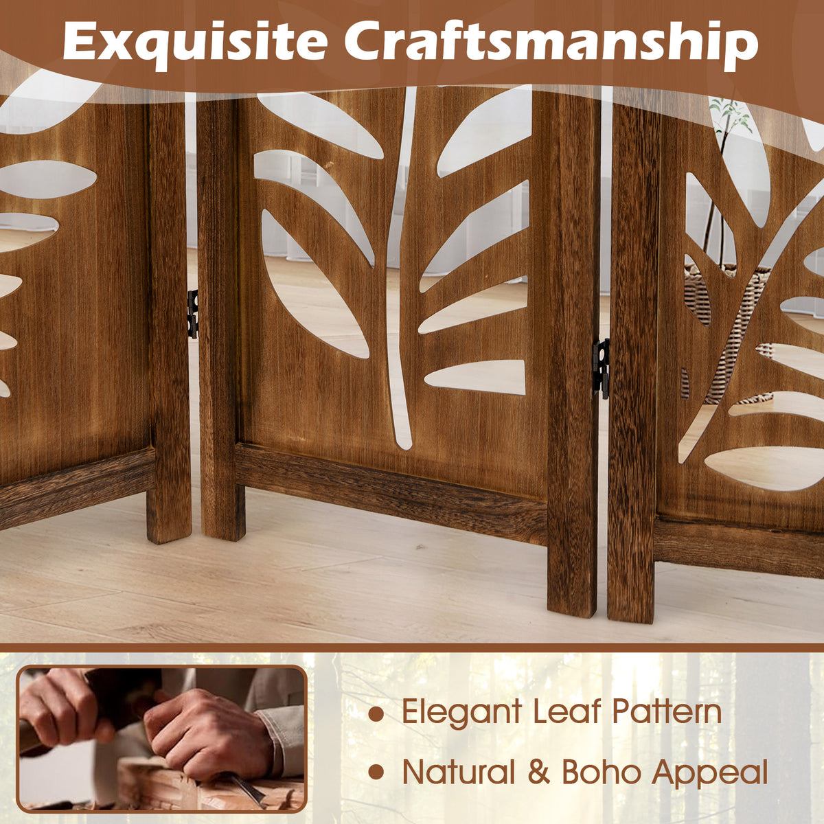 4 Panel Folding Room Divider 5.6 FT with Double Action Metal Hinges - Boho Style