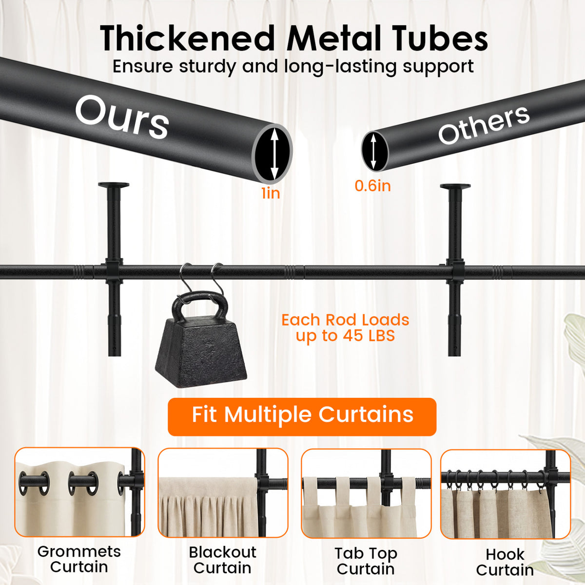 28-72 Inch Black Adjustable Tension Room Divider Curtain Rod - No Drilling