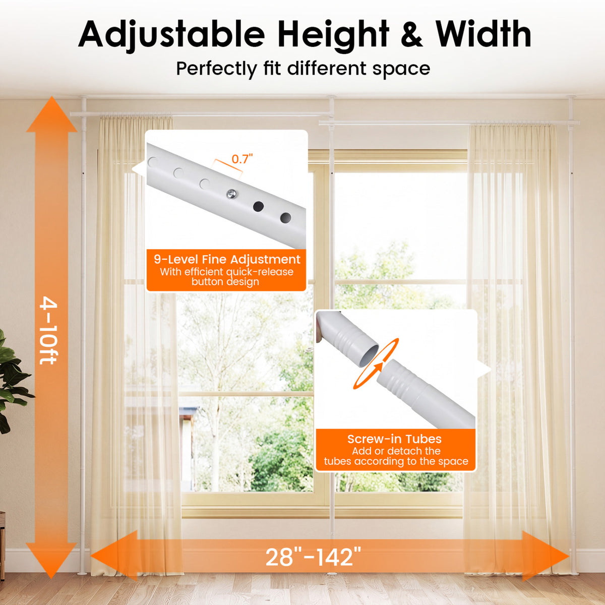 Adjustable Floor to Ceiling Tension Curtain Rod 28-142 Inch White - No Curtains Included