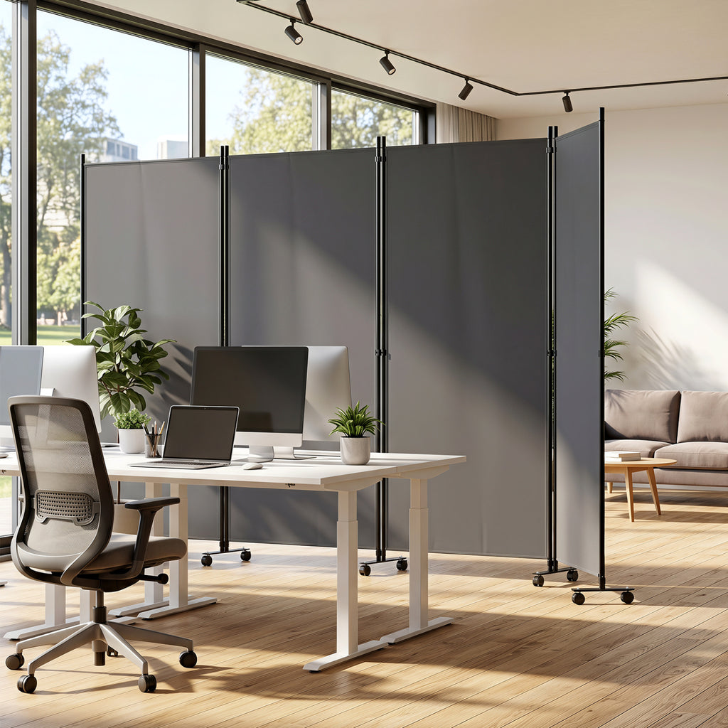 White 4 Panel Folding Privacy Screen Room Divider with Wheels - Costway