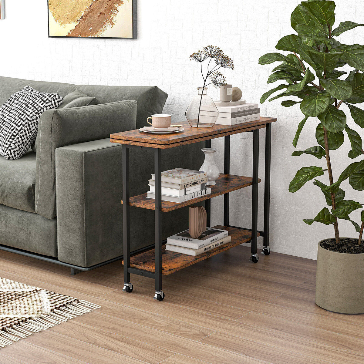 Patented 360° Rotating Sofa Side Table with 2-Tier Storage Shelves