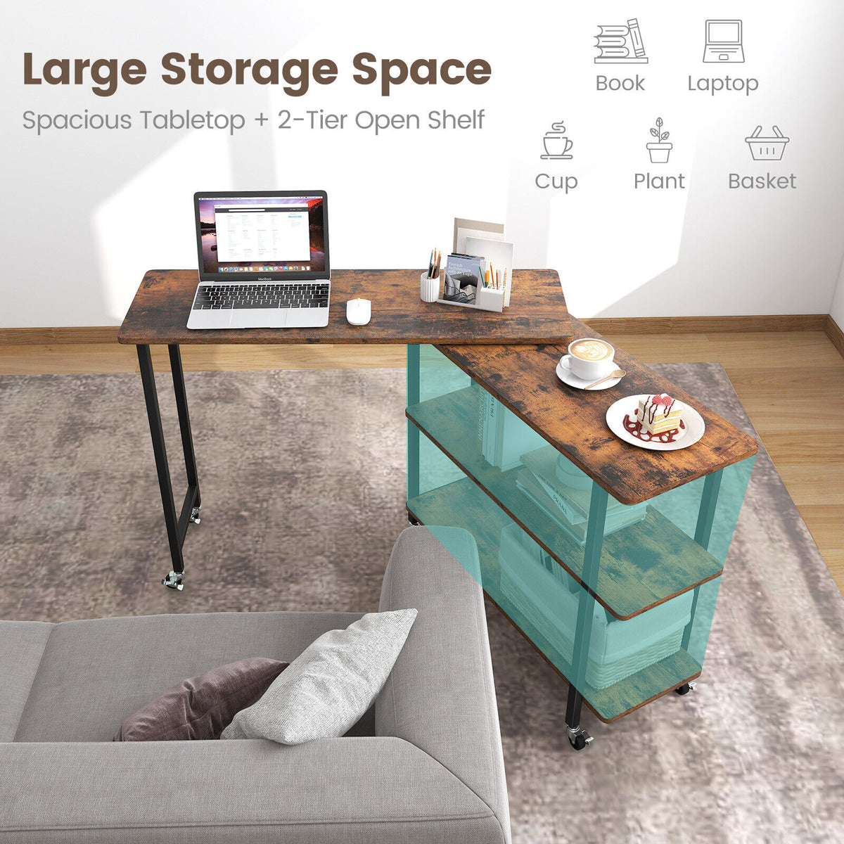 Patented 360° Rotating Sofa Side Table with 2-Tier Storage Shelves