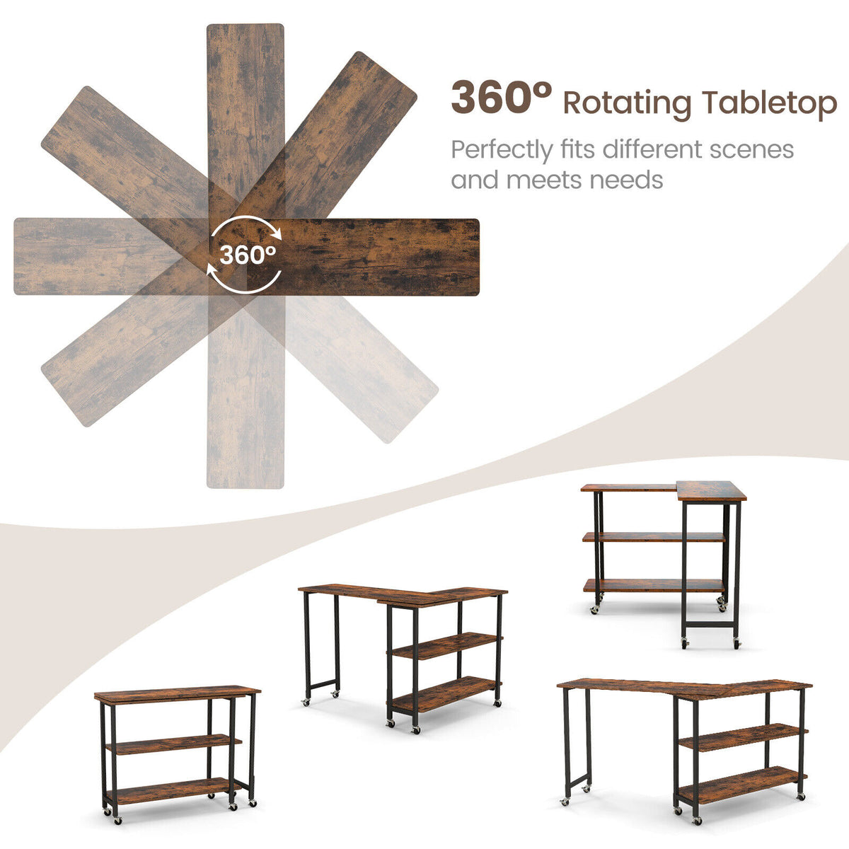 Patented 360° Rotating Sofa Side Table with 2-Tier Storage Shelves