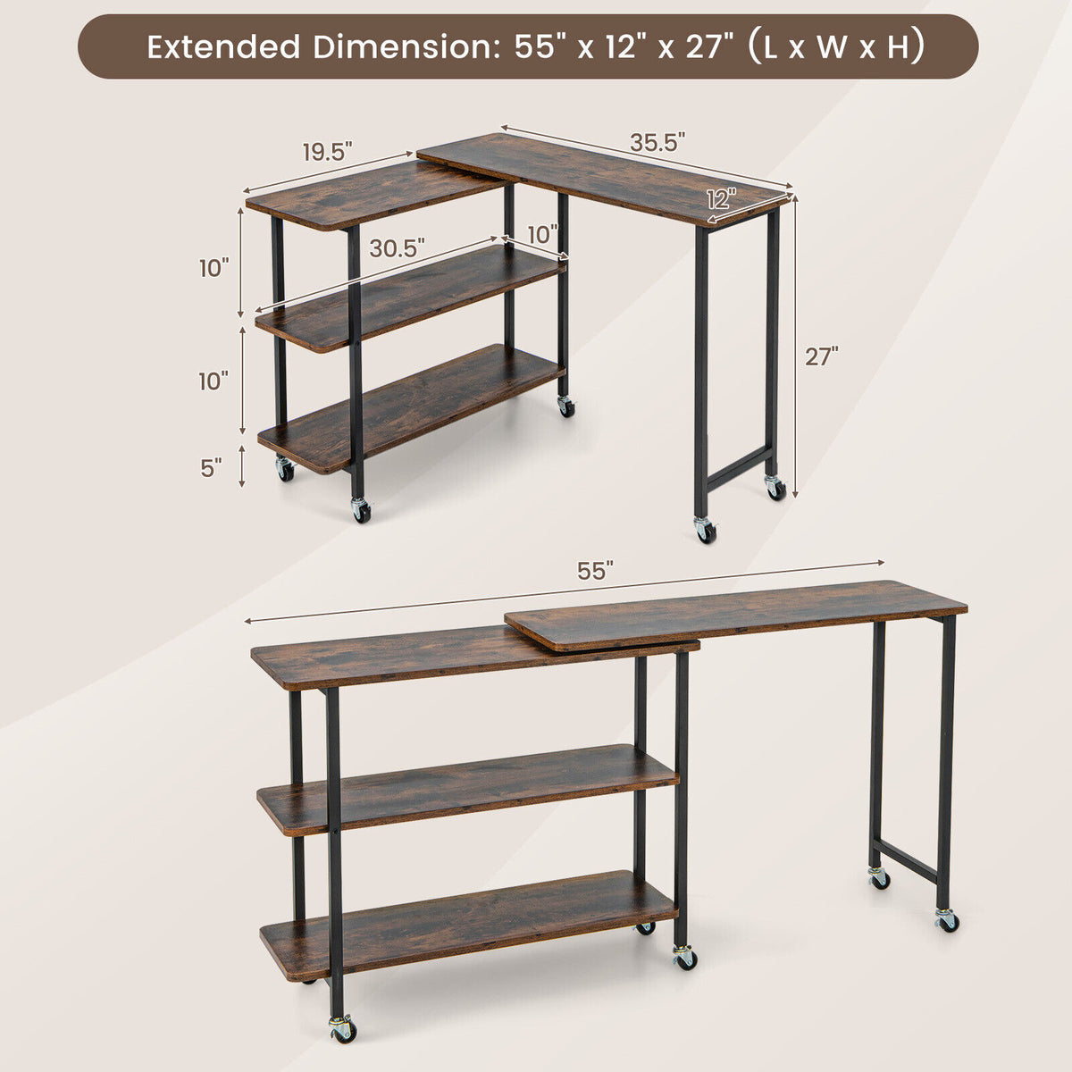 Patented 360° Rotating Sofa Side Table with 2-Tier Storage Shelves