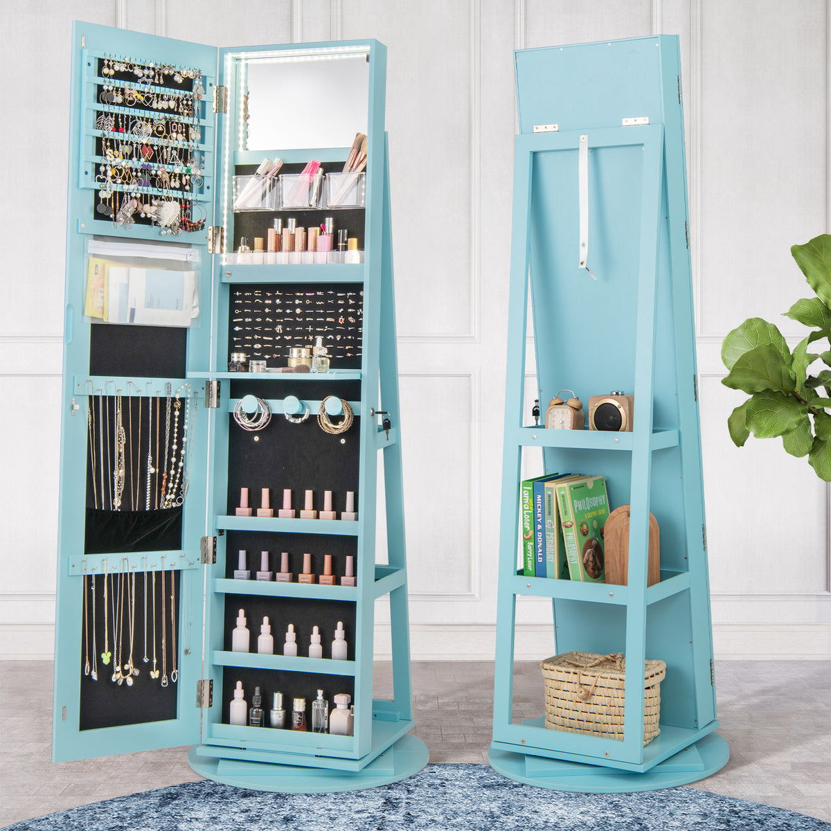 360° Rotating Jewelry Cabinet with LED Mirror - Blue, 5 Shelves