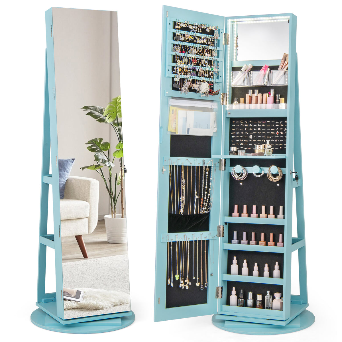 360° Rotating Jewelry Cabinet with LED Mirror - Blue, 5 Shelves