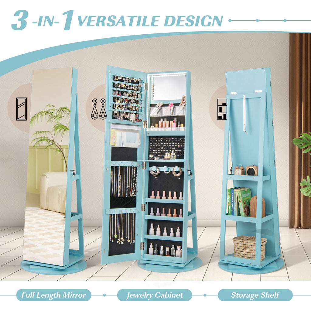 360° Rotating Jewelry Cabinet with LED Mirror - Blue, 5 Shelves