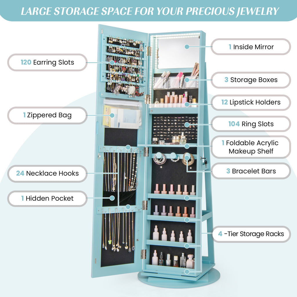 360° Rotating Jewelry Cabinet with LED Mirror - Blue, 5 Shelves