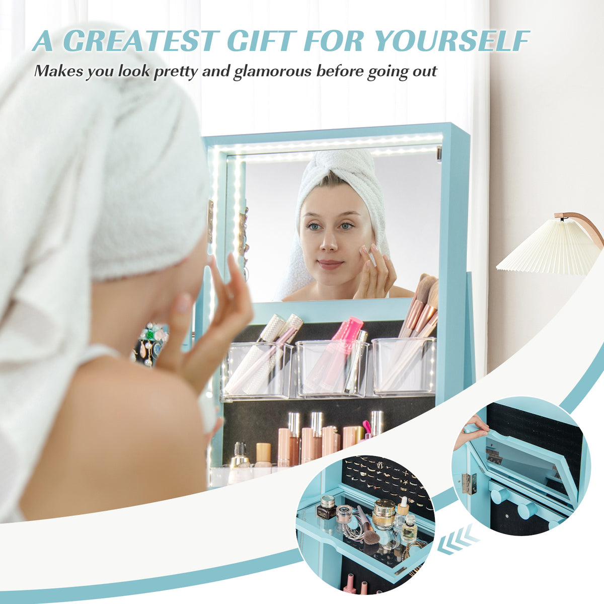 360° Rotating Jewelry Cabinet with LED Mirror - Blue, 5 Shelves